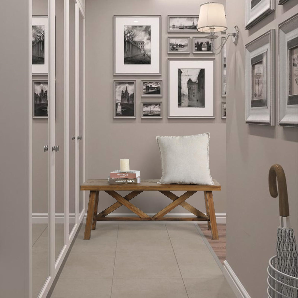 Wnutrees 43" Farmhouse Wood Bench, Rustic Solid Wood Entryway Bench Seat with Double X-Structure for Dining Room, Living Room, Hallway, Bedroom, Structural Stability, Natural Wnutrees