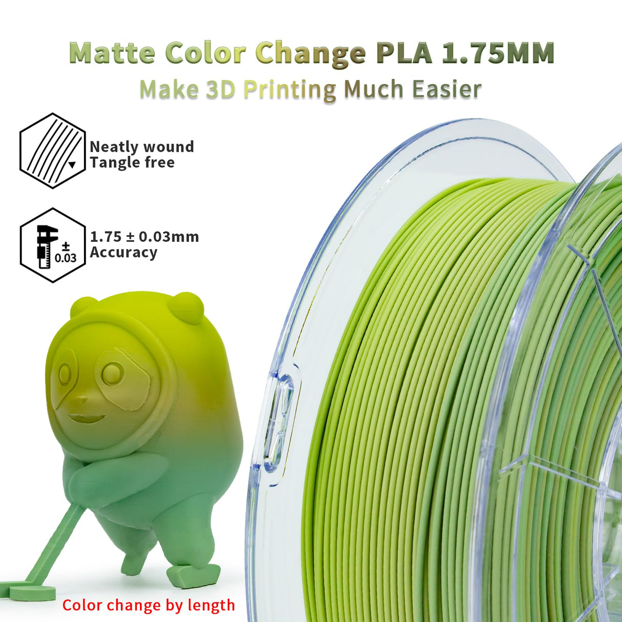 ZIRO 3D Printer Filament, Matte PLA Filament 1.75mm,No-Shine Multicolor Rainbow PLA for 3D Printing, Fit for Most FDM Printers, 1KG/2.2lbs Spool, Matcha ZIRO