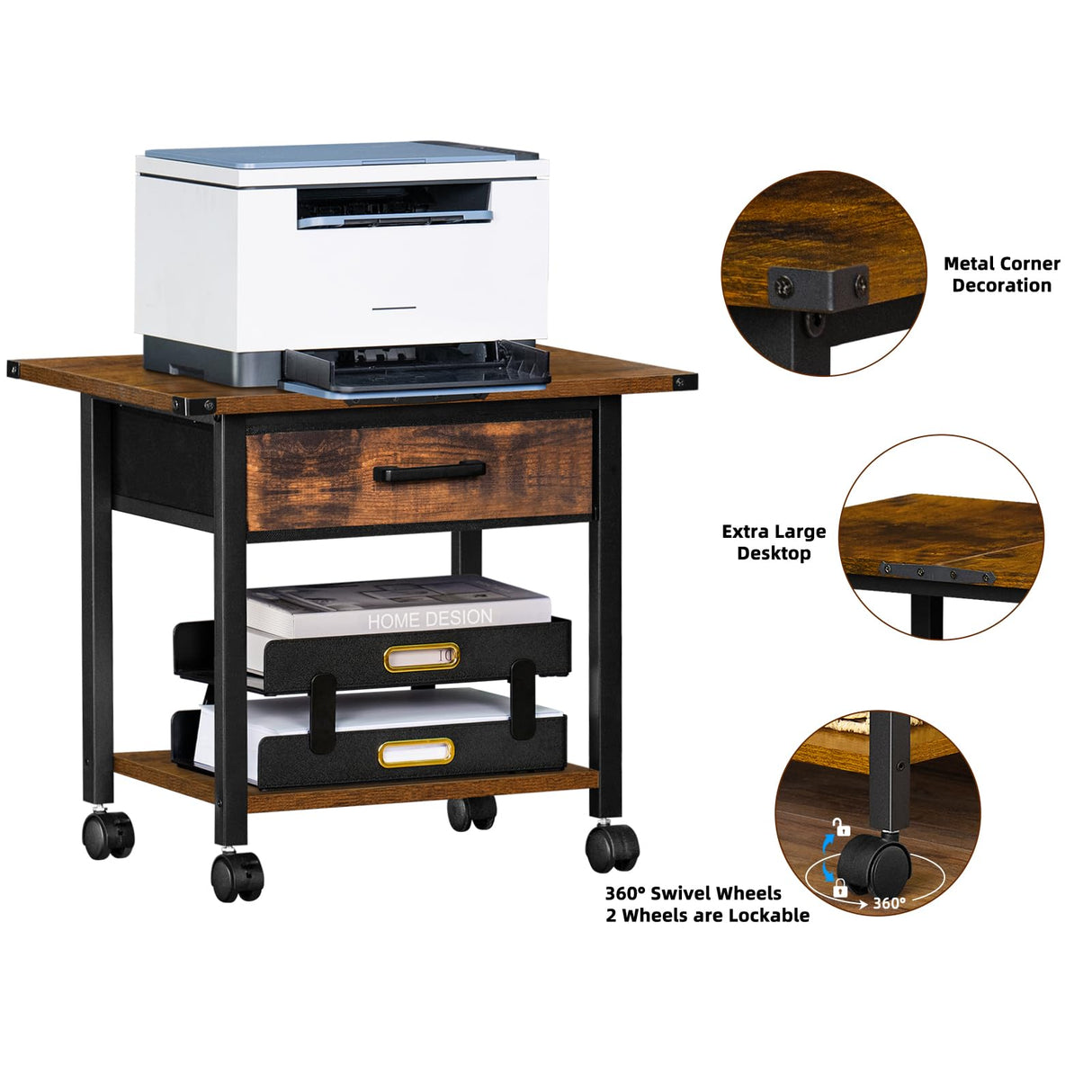 Lerliuo Under Desk Rolling Printer Stand with Drawer, 2-Tier Industrial Mobile Printer Table Desk with Storage Shelf and Steel Frame, Printer Cart Holder with Lockable Wheels for Home, Office (Brown) Lerliuo