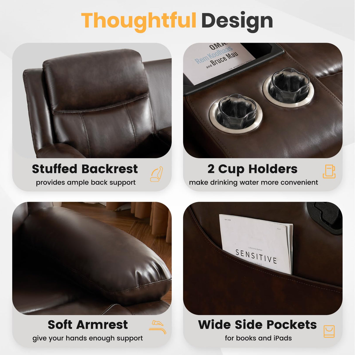 RIHEREFY Loveseat Recliner Sofa with Massage & Heating, Reclining Loveseat with Console, RV Wall Hugger Double Loveseat Recliner Couch for Living Room & Home Theater (Brown) RIHEREFY