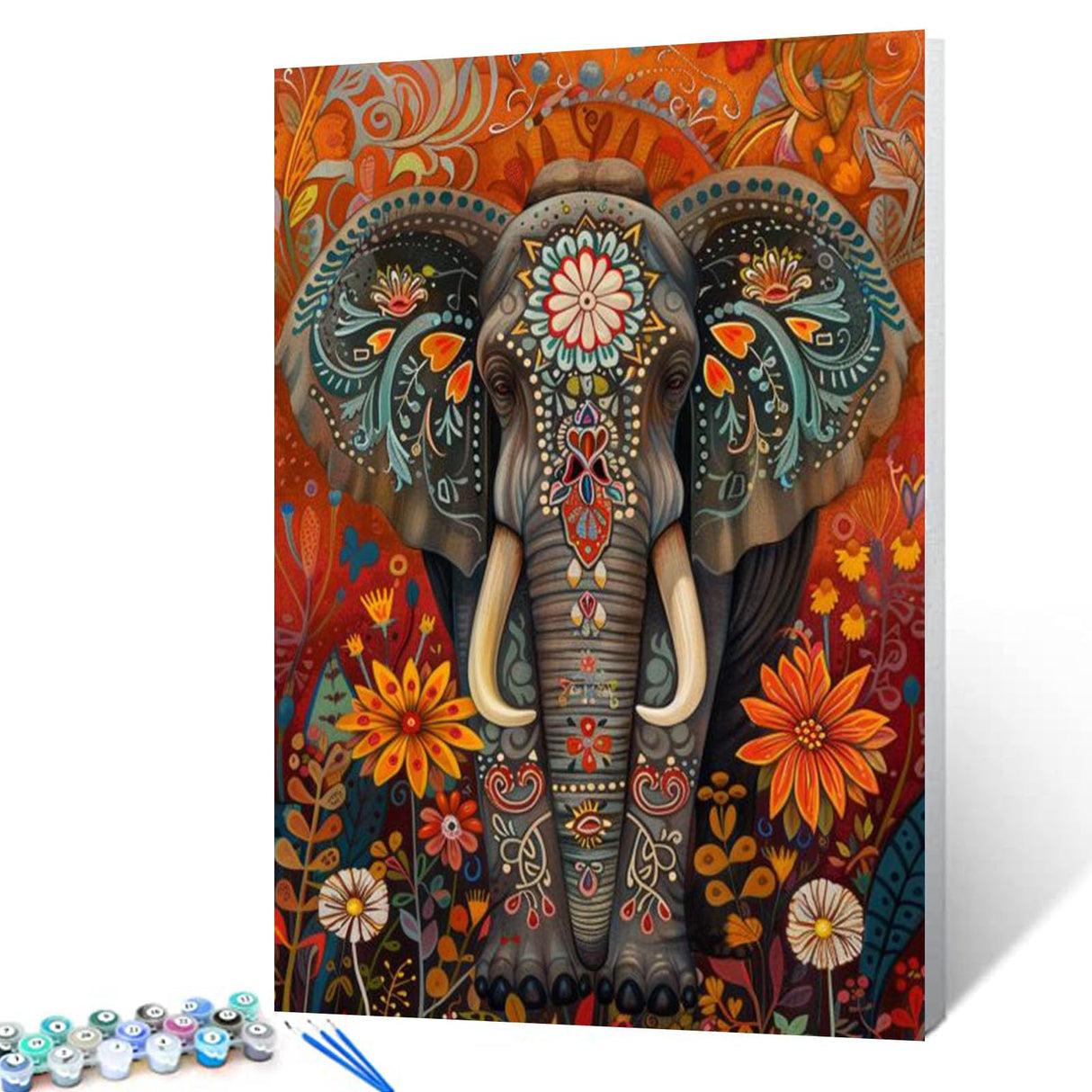 Mysterious Patterns on Elephant Paint by Number Day of the Dead Animal Flowers Painting DIY Painting on Canvas with Brushes Paints Paint by Numbers for Adults and Beginner 16x20 Inch(without Frame) Tucocoo