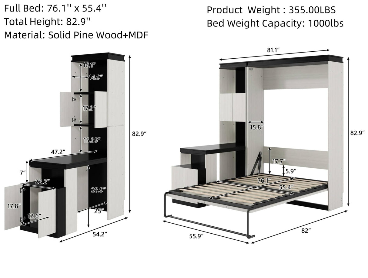 Full Murphy Bed with Desk and Storage Bookcase Shelves,Solid Wood Folding White Murphy Wall Bed with Storage Cabinet for Adults MERITLINE