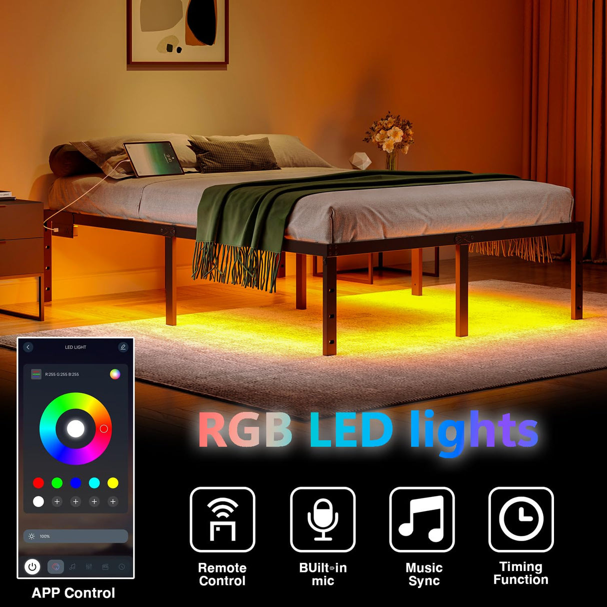 HAVONIZD Full Bed Frame with LED Lights & Charging Station - 18 Inch Heavy Duty Metal Platform Bed Frame No Box Spring Needed, Easy Assembly, No Noise HAVONIZD