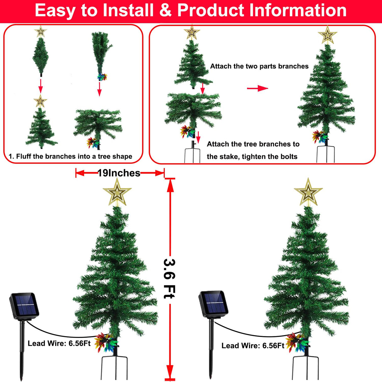 2-Pack 3.6FT Solar Christmas Tree Outdoor Christmas Decorations, 8 Modes Solar Xmas Tree Lights with 100 LED, Waterproof Solar Christmas Lights for Yard Front Porch Pathway Grave Cemetery Decor Ohwewant