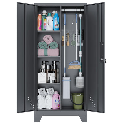 OSEILLC Metal Storage Cabinet with Locking Doors, 61" Tall Garage with Hanging Rod, Broom Closet, Freestanding Bathroom Storage Cabinet, Cleaning Tool,Black