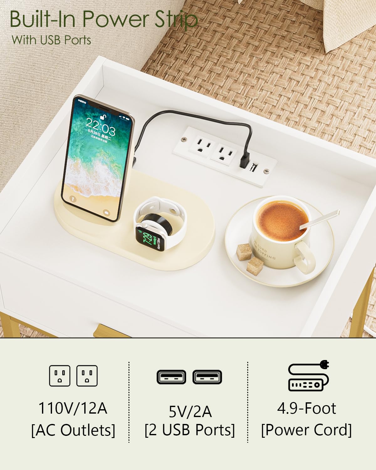 AEPOALUA Nightstand with Charging Station,Bedside Table with Drawer and 2 Shelf Storage, Small Side Table, Modern White Night Stand, Tall End Table for Bedroom, Living Room (White-Gold Legs) AEPOALUA