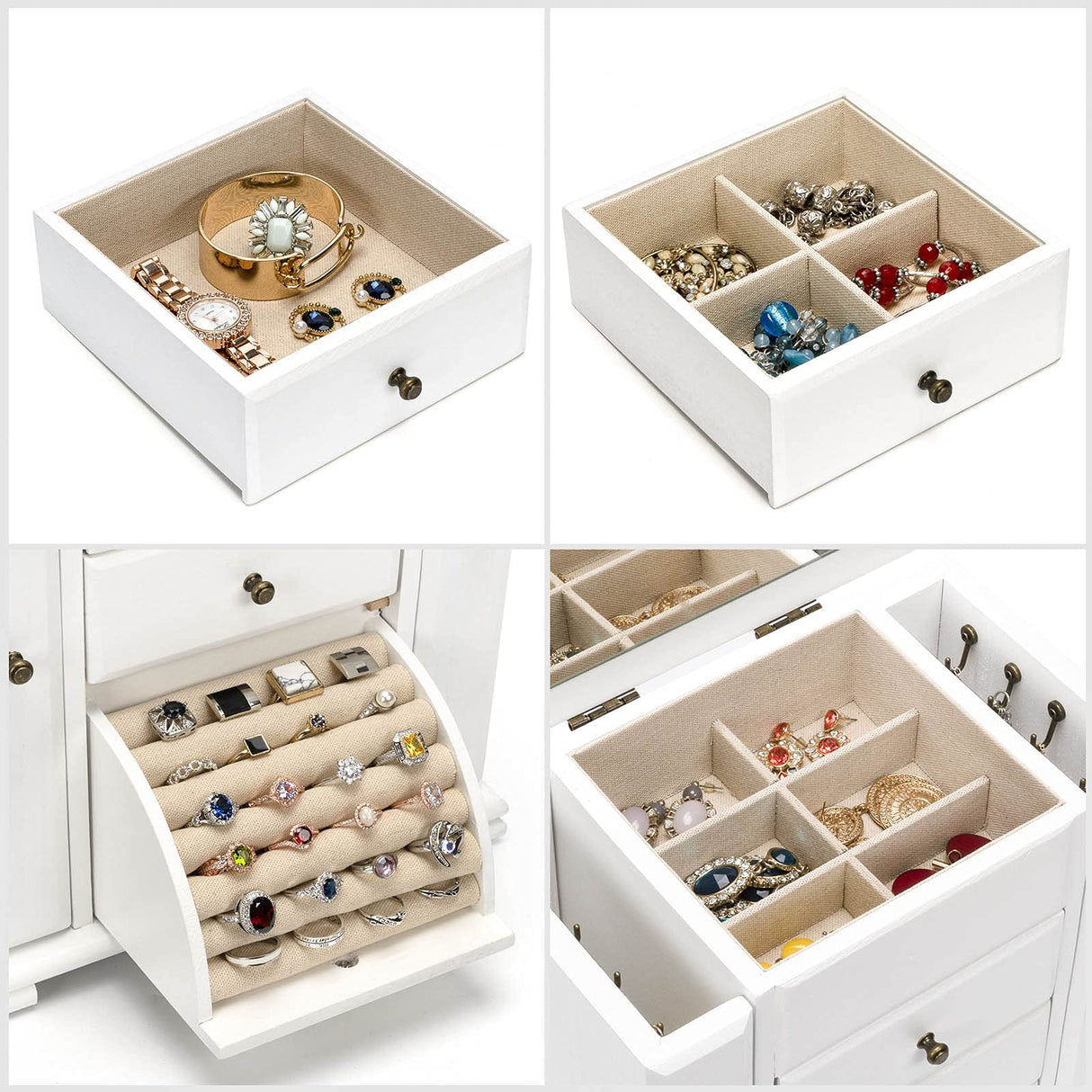 Emfogo Jewelry Box for Women, Rustic Wooden Jewelry Boxes & Organizers with Mirror, 4 Layer Jewelry Organizer Box Display for Rings Earrings Emfogo