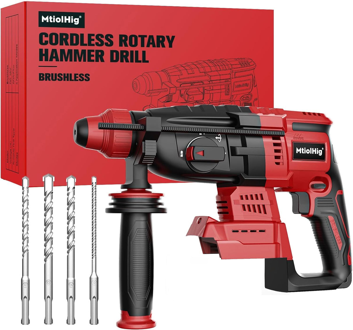 Rotary Hammer Drill For Milwaukee 18V: 1" SDS Plus Brushless Rotary Hammer - Safety Clutch 4 Application Modes Fastest Drilling For Concrete Tile Wood Wall Including 4 Drill Bits(Battery not included) MtiolHig