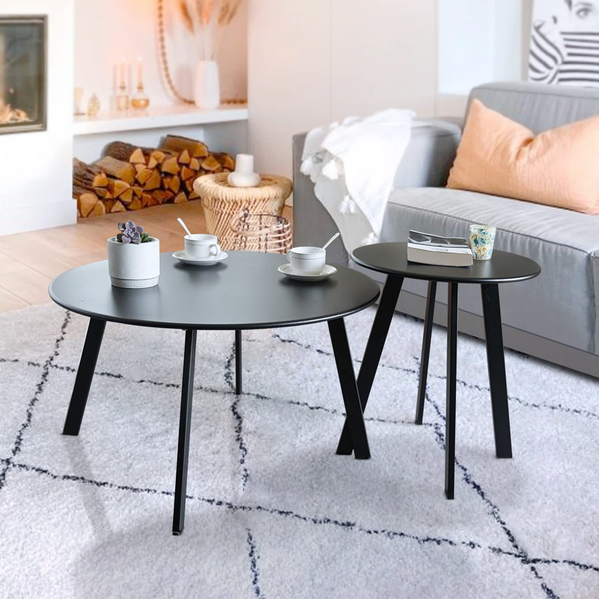 Patio Outdoor Coffee Table Set of 2 - Weather Resistant Outdoor Round End Table Modern Coffee Tables for Living Room Balcony Home Office (Black) juserox