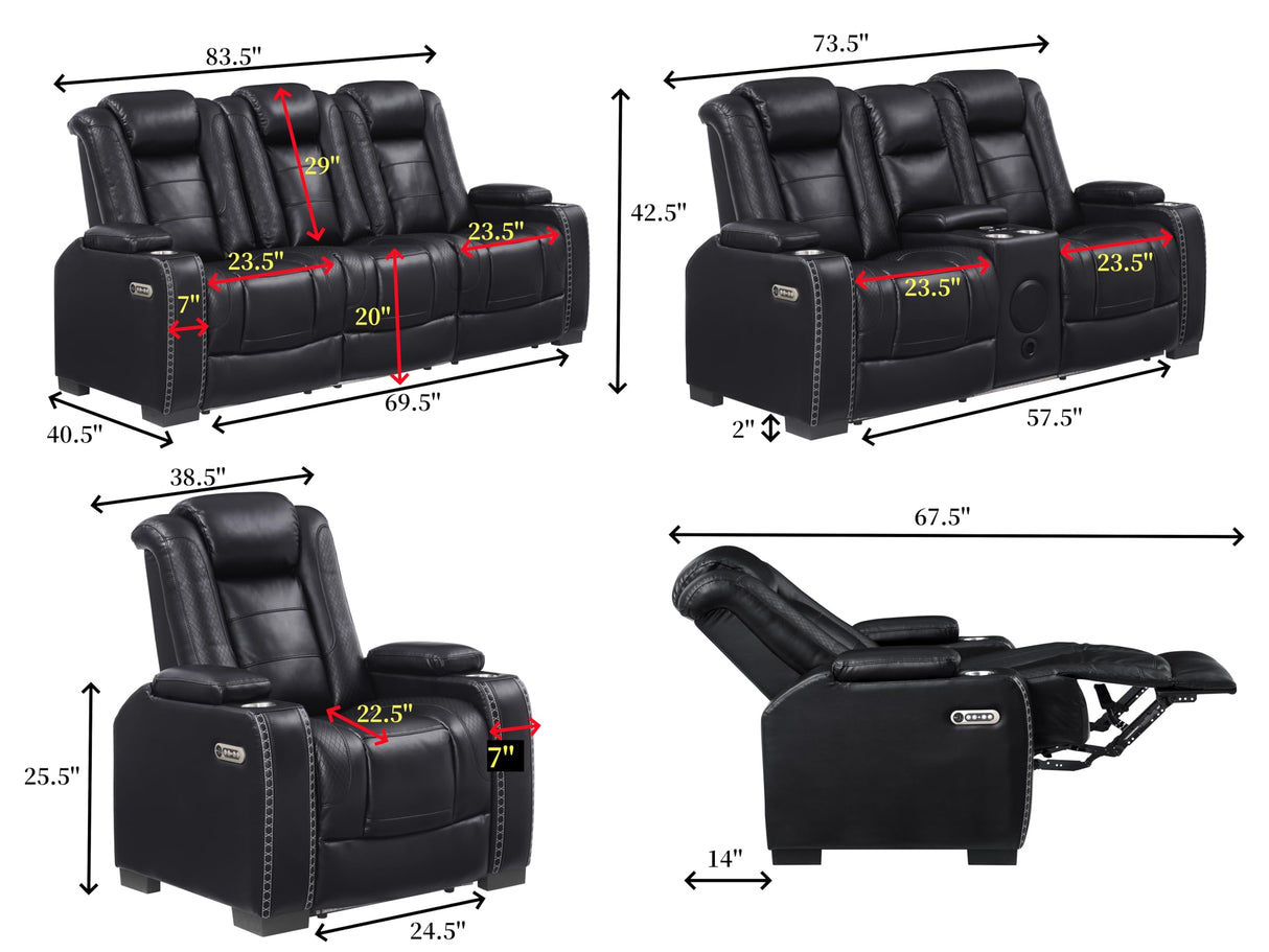 THSUPER Black Leather Power Recliner Sofa Loveseat Sets with Arm Storage and Power Headrest, Leather Living Room Reclining Sofa and Loveseat Set with Cup Holders and Bluetooth Speaker. THSUPER