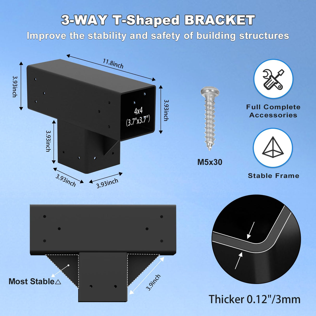 Pergola Kit T Shaped-4 Pack Pergola Brackets 4x4-3 Way DIY Woodworks Gazebo Brackets Kit with Screws for 4x4(Actual: 3.7"x3.7") Wood Beams-Elevated Wood Stand T Brackets for Sunroom Carport Cabin Vlaeng