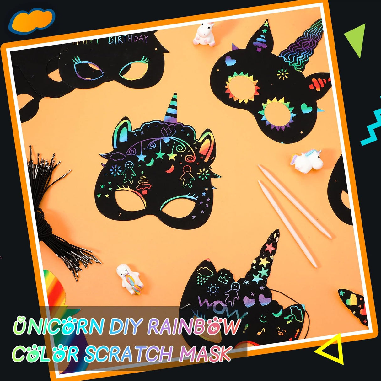 30 Pcs Unicorn Scratch Mask Rainbow Paper Art Mask, Wooden Stylus and Elastic Bands Scratchboard Party Dress up Costumes for Unicorn Party Supplies Sabary