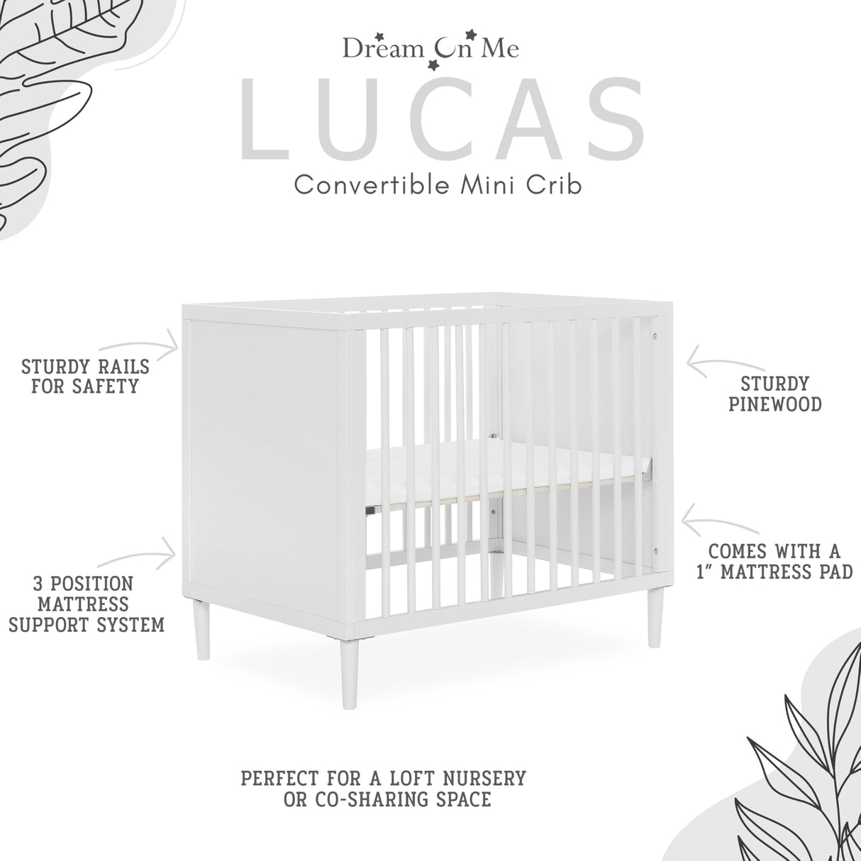Dream On Me Lucas Mini Modern Crib with Rounded Spindles in White , 39x25.5x33 Inch (Pack of 1) Dream On Me