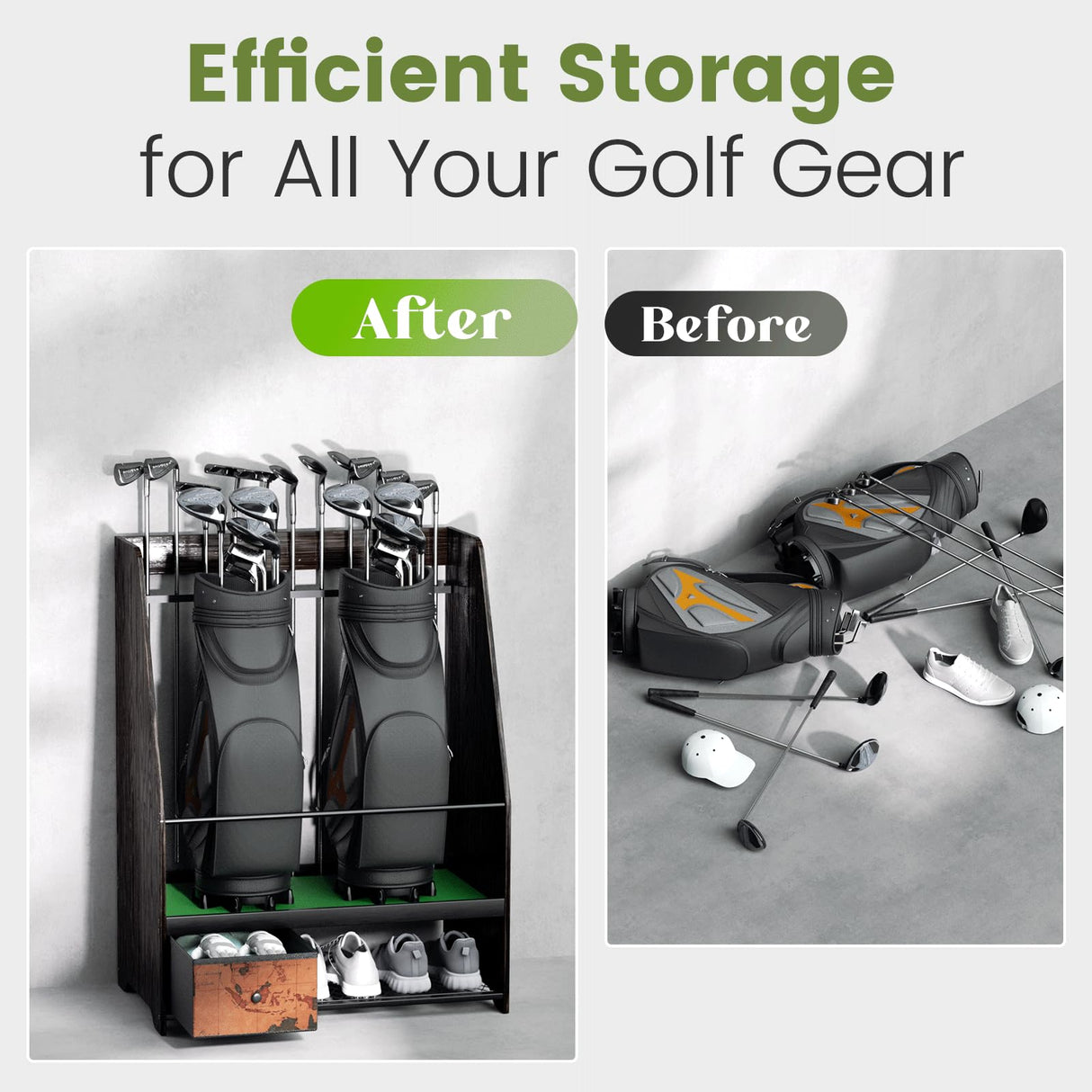 Ponsonbay Golf Bag Organizer Rack – Large Wooden Golf Storage for 2 Bags, Clubs & Accessories with Dustproof Drawer, Sports Equipment Rack for Garage, Practice Room, Home or Office (Black) Ponsonbay