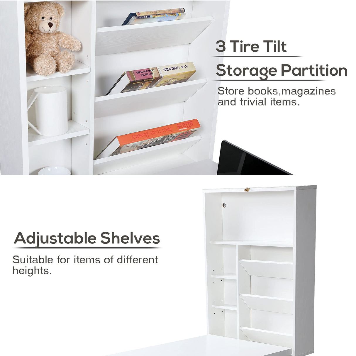 JAXPETY Wall Mounted Space Saving Desk Fold Out Convertible Desk Wood Floating Writing Desk with Storage Shelves Laptop Tabletop for Home Office, White JAXPETY