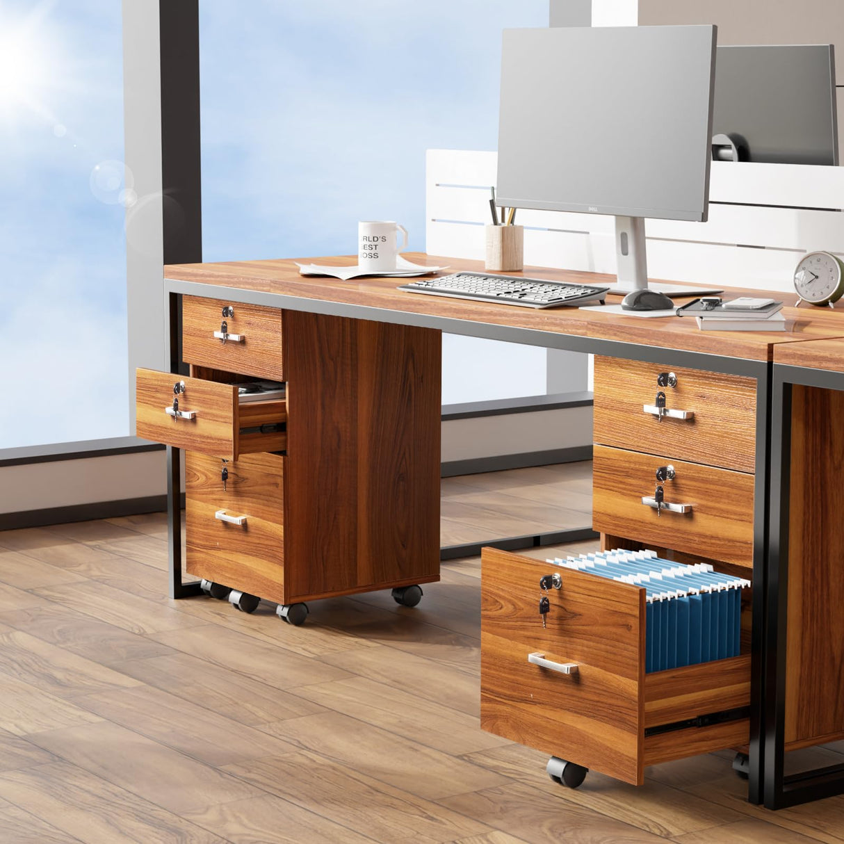 VINGLI 3-Drawer File Cabinet with Lock, Wood Rolling File Cabinet Under Desk File Cabinets for Home Office, Mobile Printer Stand & File Cabinet for Letter Sized Files, 26" H(Caster Included), Walnut VINGLI