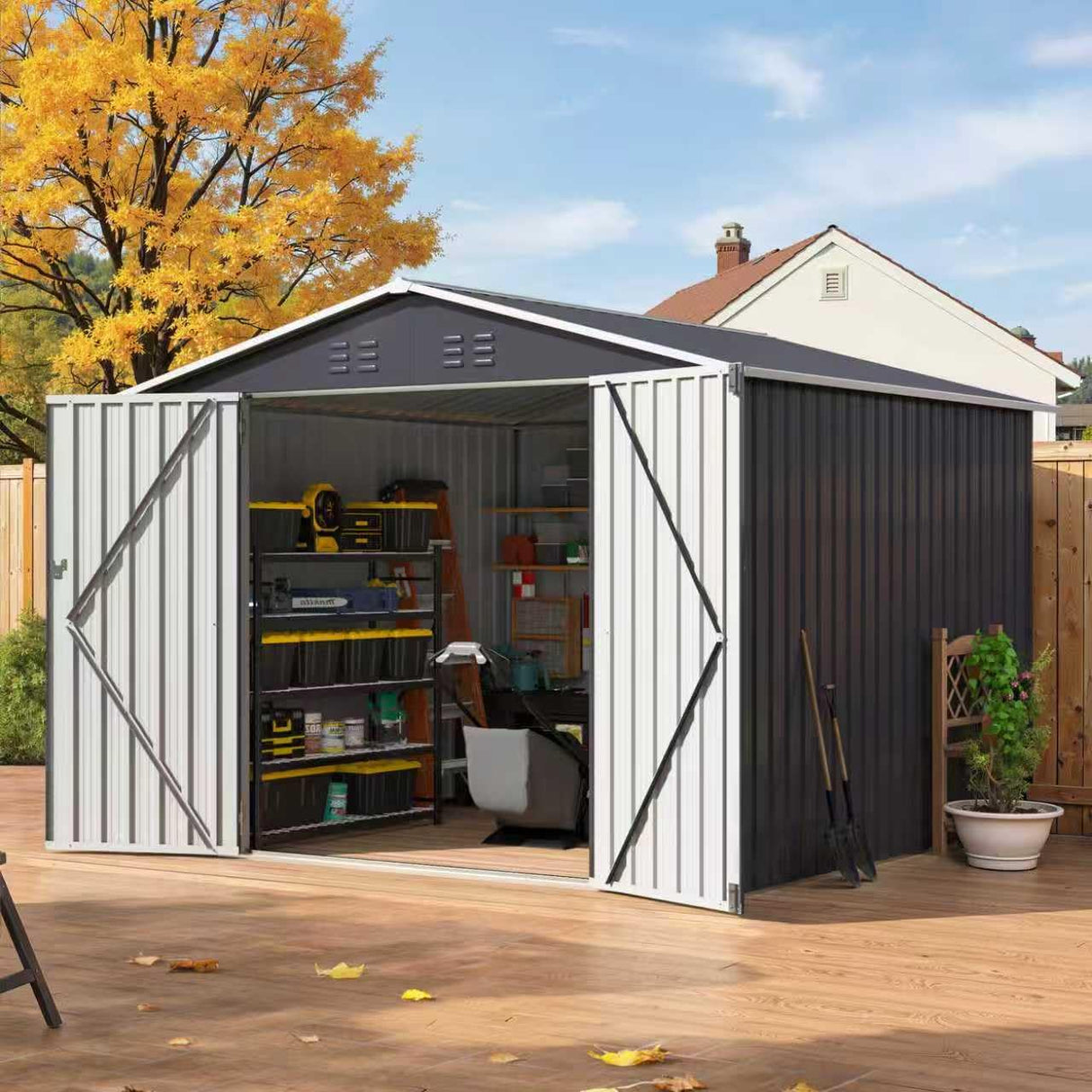 Besteagle 8x8 FT Outdoor Storage Shed, Utility Metal Tool Storage with Lockable Doors and Updated Frame Structure, Large Metal Garden Shed for Backyard, Patio Lawn, Black Besteagle