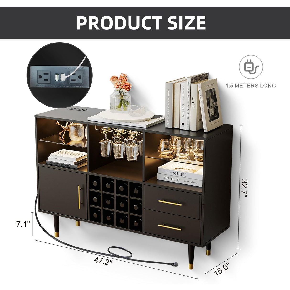 Bar Cabinet and Bar Table - LED Light Charging Station, Buffet Cabinet with Storage, Sideboard Cabinet, Coffee Bar - Ideal for Buffets & Sideboards, Wine and Liquor Cabinet 47 inch Black Svimi