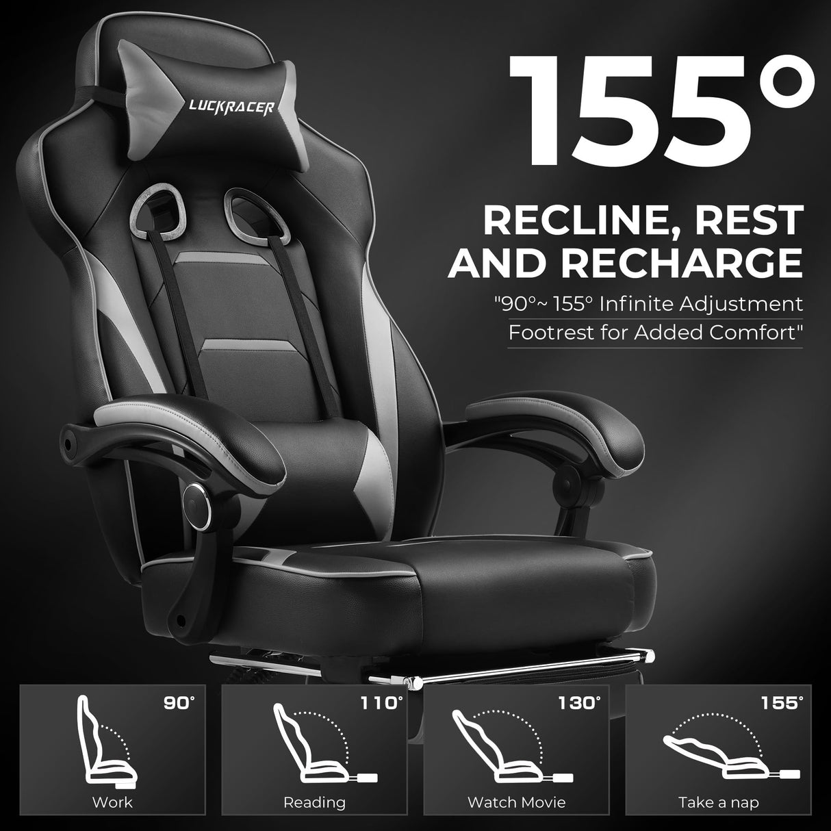 GTPLAYER Gaming Chair with Footrest, Big and Tall Game Chair 350lb Racing Style Computer Chair, Ergonomic Executive Office Chair High Back with Lumbar Support and Recliner, Light Gray GTPLAYER