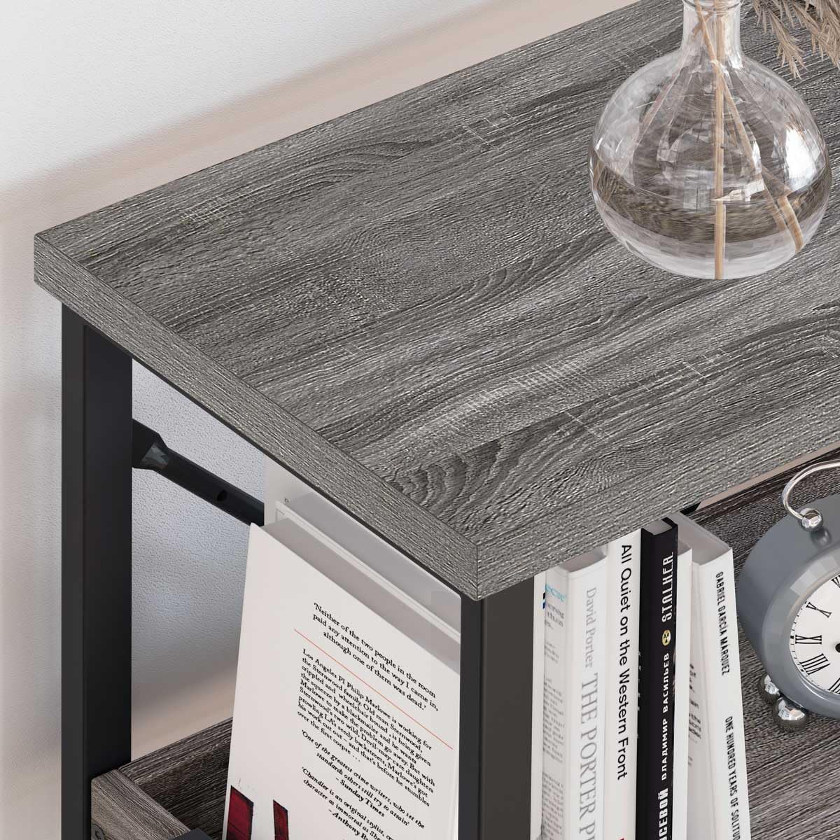 BON AUGURE Dark Grey Oak Industrial Sofa Console Table with 3 Tiers and Hooks BON AUGURE