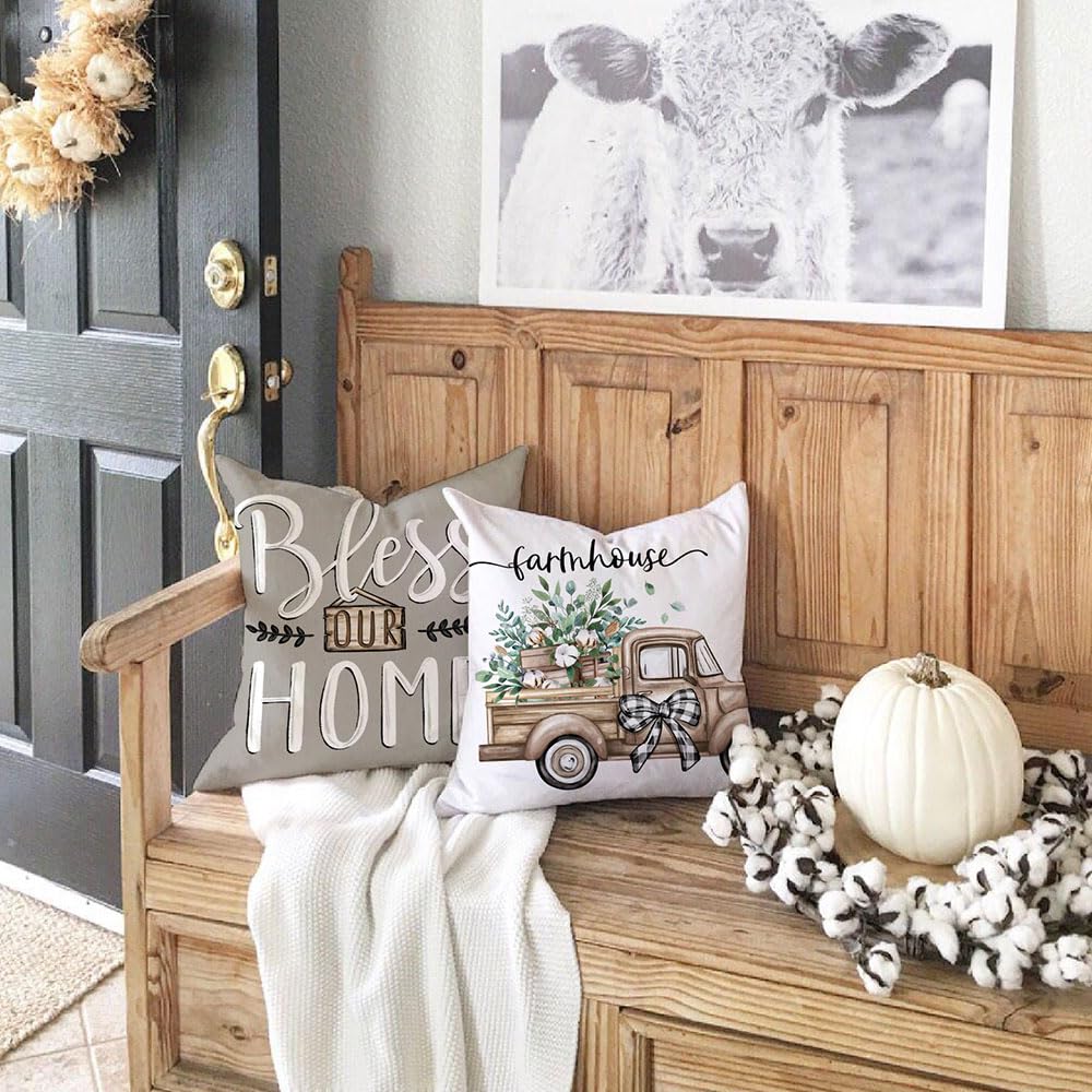 DFXSZ Farmhouse Pillow Covers 18x18 Set of 4 Eucalyptus Leaves Decorations Truck Sweet Home Spring Pillow Covers, Polyester Cushion Case Gifts for Home Decor 175 DFXSZ