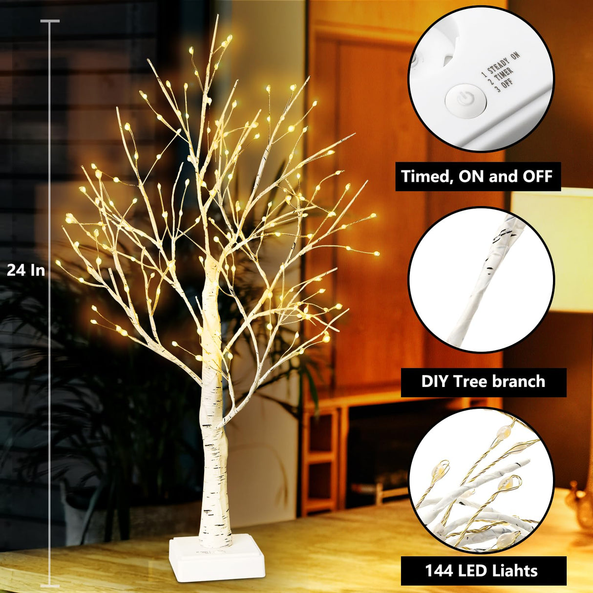 Hbaushun 144 LED Birch Tree Light,Tabletop Bonsai Fairy Light Spirit Tree,DIY Artificial Tree Lamp with Timer USB/Battery Powered for Bedroom Christmas Home, Wedding, Holiday Decor (Warm White) Hbaushun
