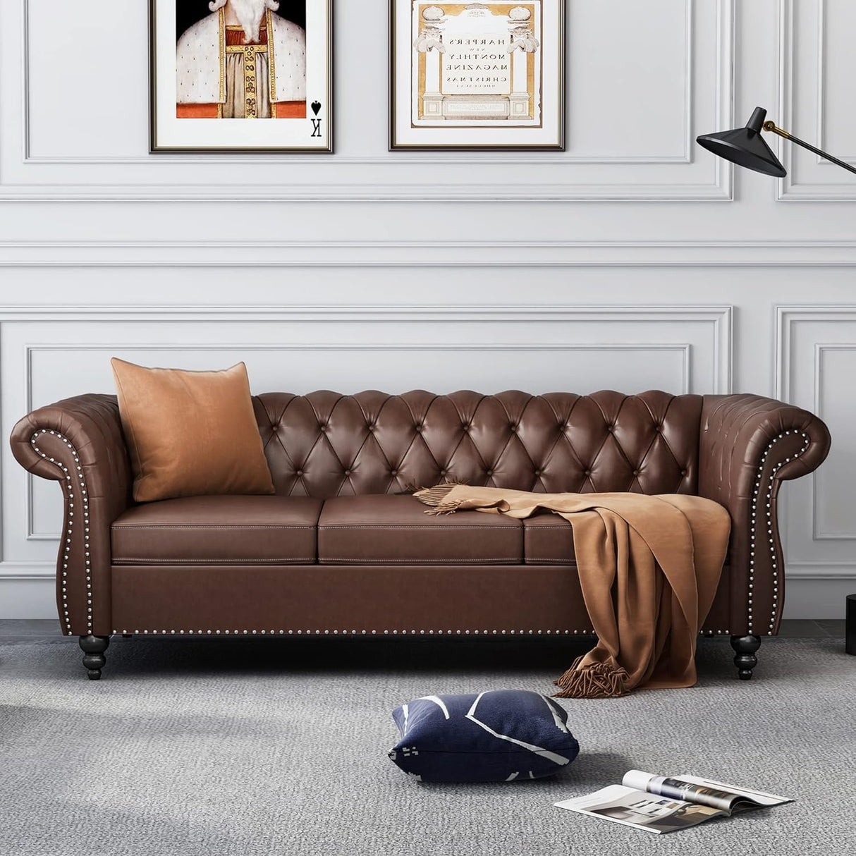 AVZEAR Chesterfield Leather Sofa 3 Seater Couch, Mid-Century Large Sofa Roll Arm Classic Tufted Settee Modern PU Sofa with Channel Tufted Seat Back for Living Room, Office, Apartment, PU Brown AVZEAR