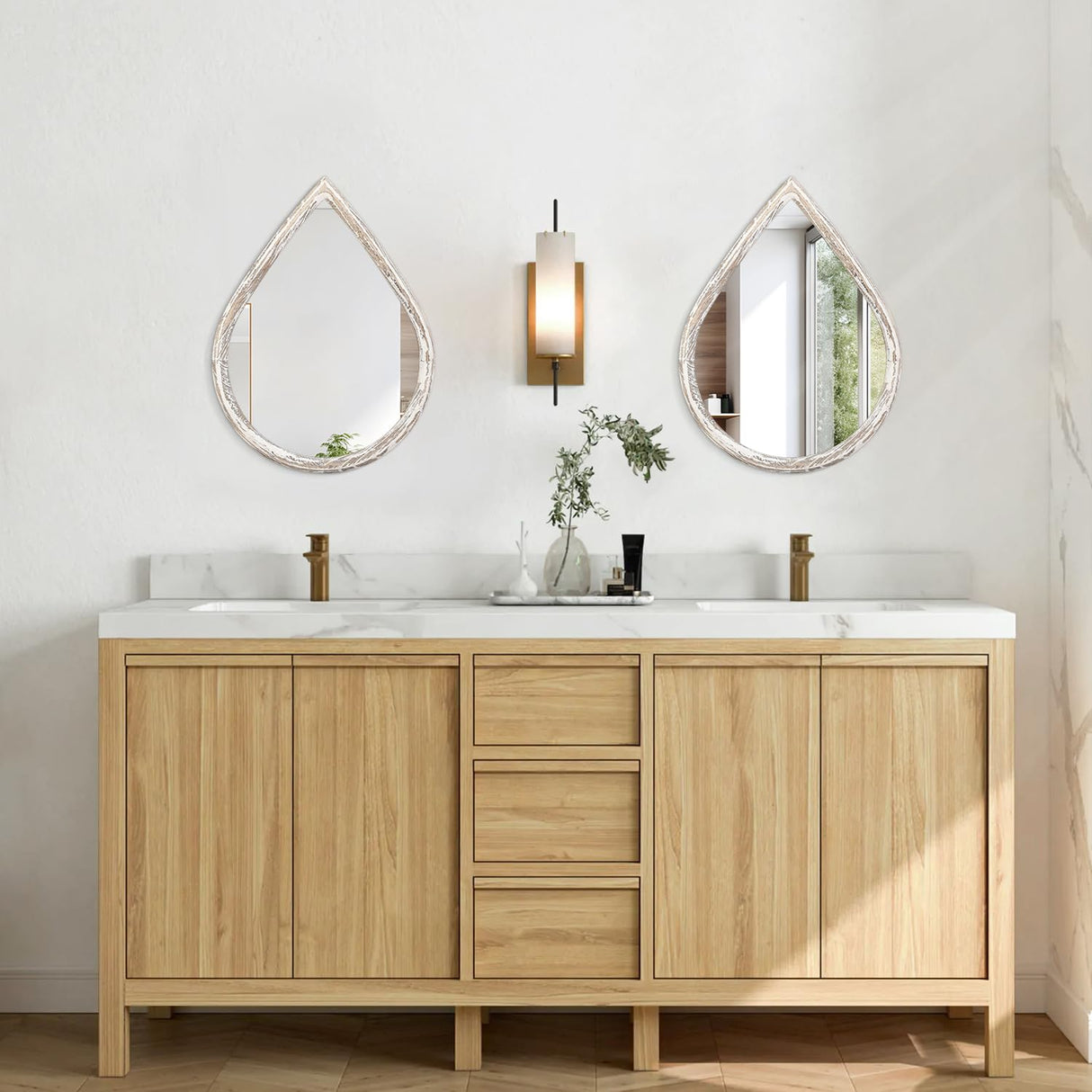 FEUFOAM Small Decorative Mirror Teardrop Mirror Wood Frame Rustic White Wall Mirror Farmhouse Hanging Mirrors for Bathroom Living Room Entryway Hallway FEUFOAM