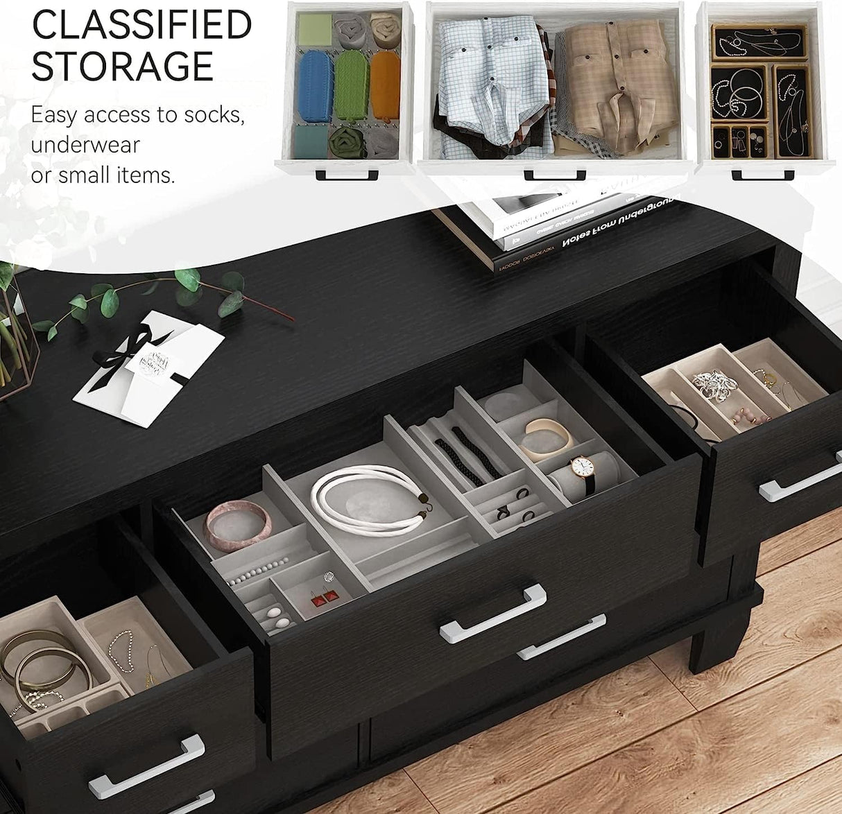 SUNNYFURN Dresser for Bedroom with 7 Drawer Modern Wooden Dresser - 3-Tier Drawer Chest, Entryway, Closet, Living Room, and Hallway Storage - Stylish & Functional Organizer Black SUNNYFURN