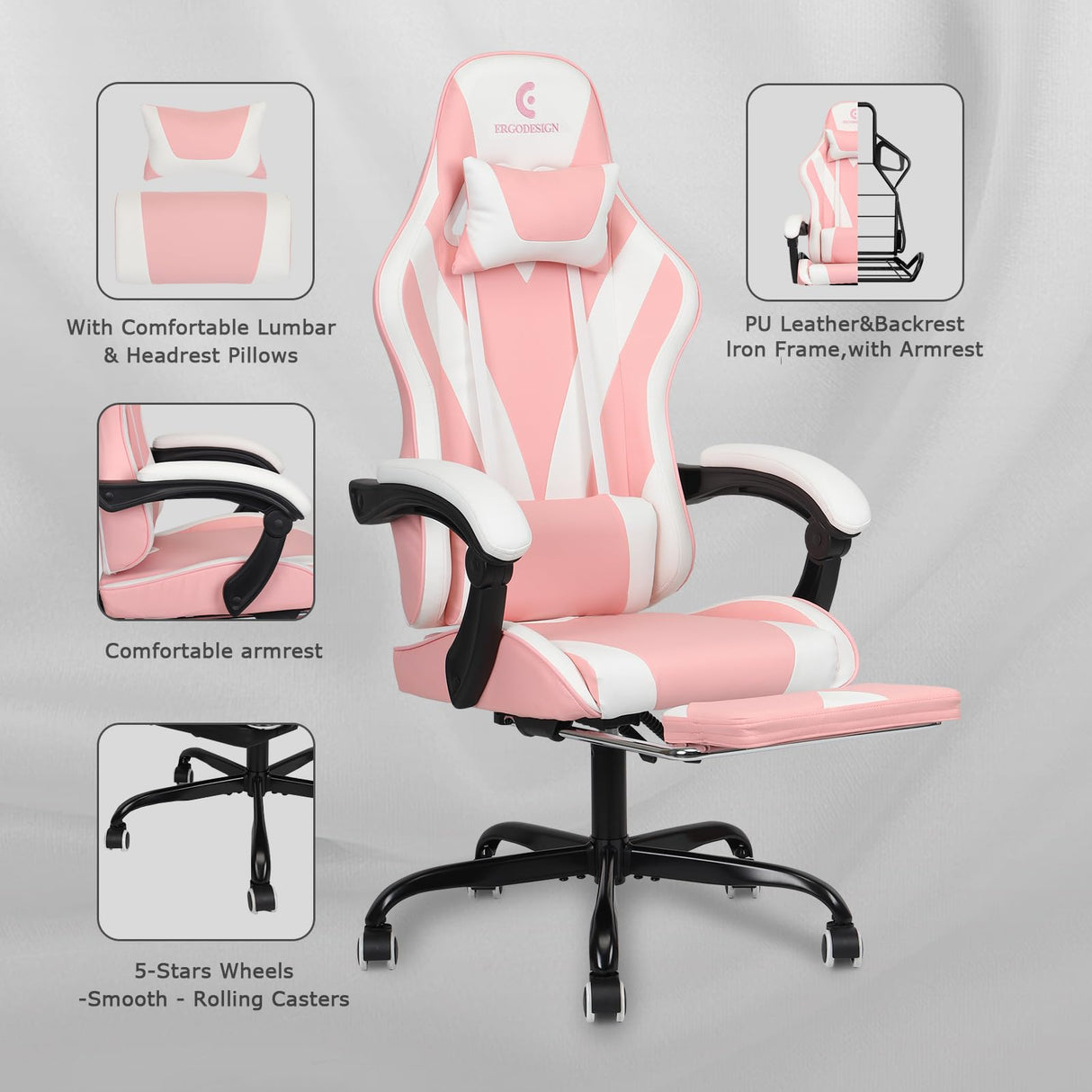 ErgoDesign Gaming Chair with Linkage Armrest & Footrest, High Back Video Gaming Chair, Pink/White ErgoDesign