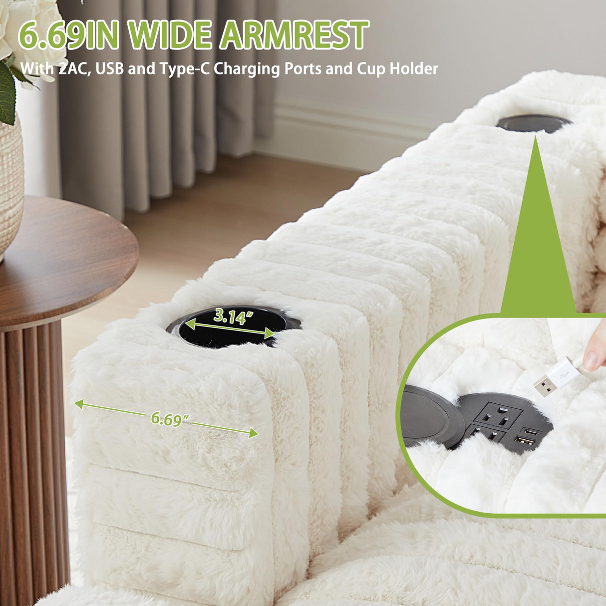 RARZOE 64'' Oversized Chaise Lounge Chair Indoor, Plush Faux Rabbit Fur Sleeper Sofa Bed with 4 Pillows, Charging Station & Cup Holders, Fluffy Comfy Cloud Couch Loveseat Sofa for Living Room,Beige RARZOE