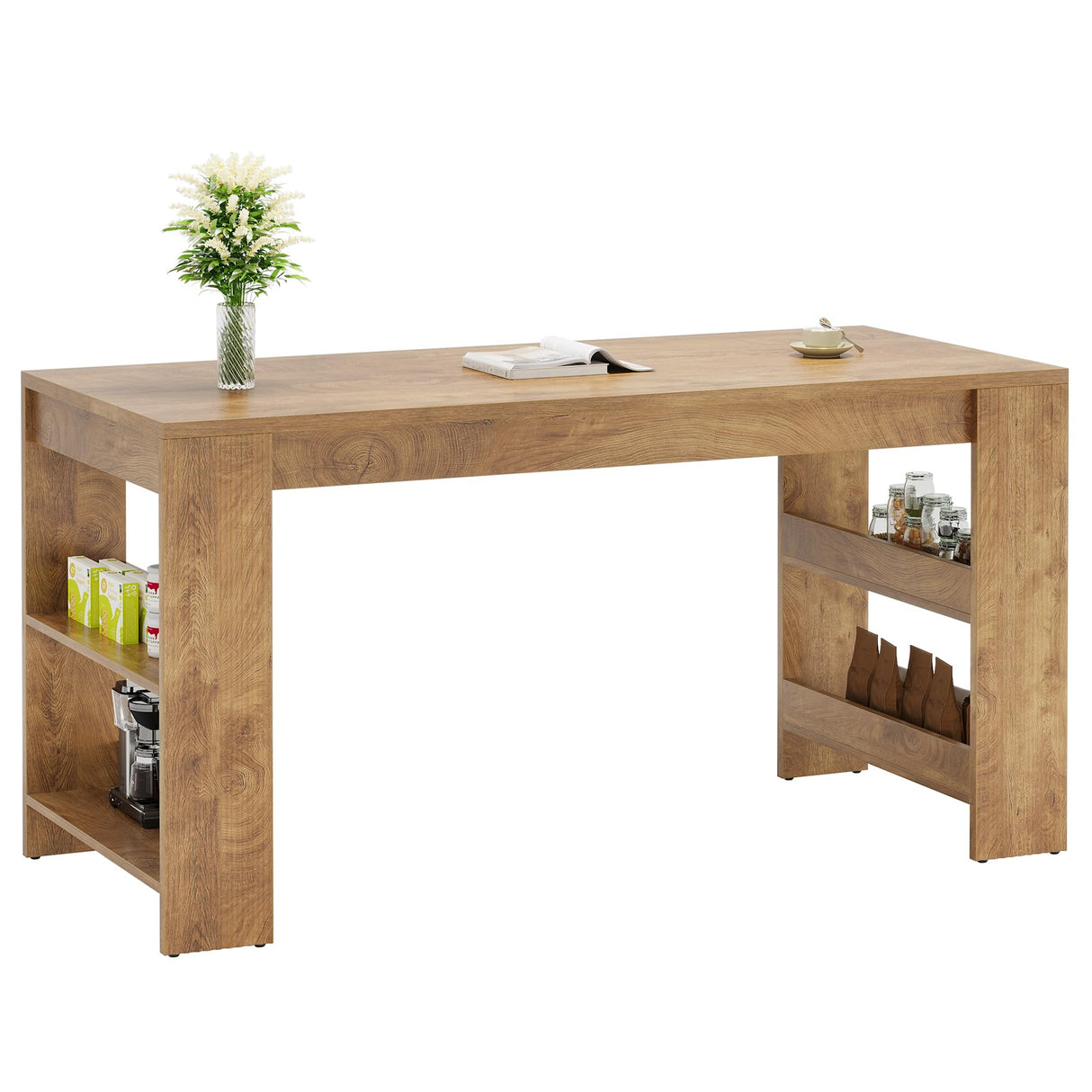 Tribesigns 63-Inch Bar Table, Farmhouse Counter Height Pub Table with Storage Shelves, High Top Bar Unit for Kitchen, Dining Room, Bistro, Natural Tribesigns