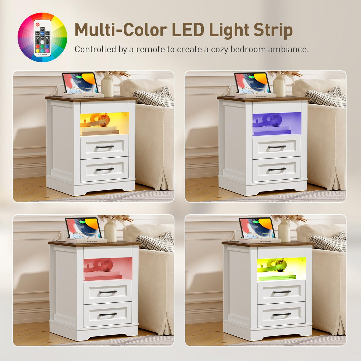 RALGEND Farmhouse Nightstand with Gun Drawer, Bedside Table with Charging Station and LED Light, Night Stand with 3 Drawers, End Table for Bedroom, Living Room, White and Walnut RALGEND