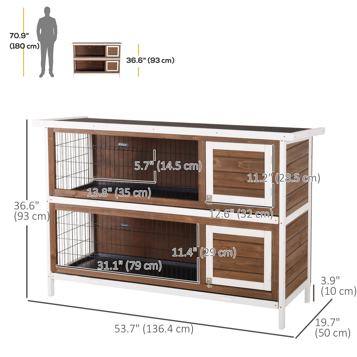 PawHut 54" 2-Story Large Rabbit Hutch Bunny Cage Wooden Pet House Small Animal Habitat with Lockable Doors, No Leak Tray and Waterproof Roof for Outdoor/Indoor Brown PawHut