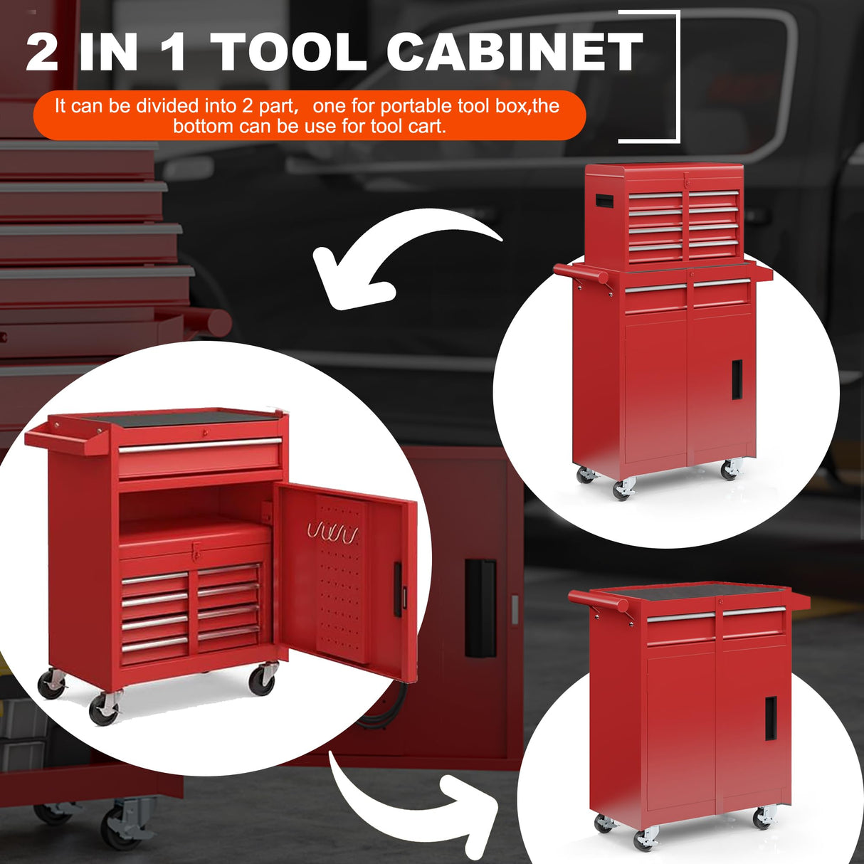 AirWire 5-Drawer Tool Chest, Rolling Tool Storage Cabinet with Detachable Top Tool Box, Enhanced Packaging, Metal Tool Cart for Garage Workshop, Red AirWire