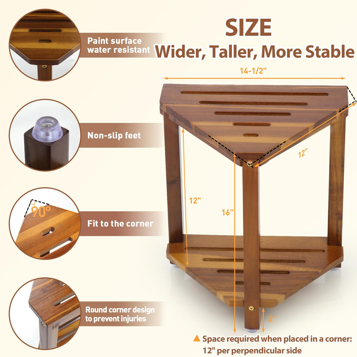 IBosins 16in Shower Foot Rest Corner Shower Stool for Shaving Legs with Storage Shelf Small Bench for Inside Shower to Sit on Bath Seat - Acacia Wood IBosins
