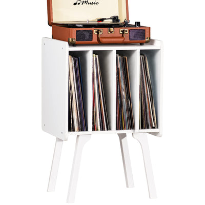LELELINKY Record Player Stand,Vinyl Record Storage Table with 4 Cabinet Up to 100 Albums,Mid-Century Modern Turntable Stand with Wood Legs,White Vinyl Holder Display Shelf for Bedroom Living Room