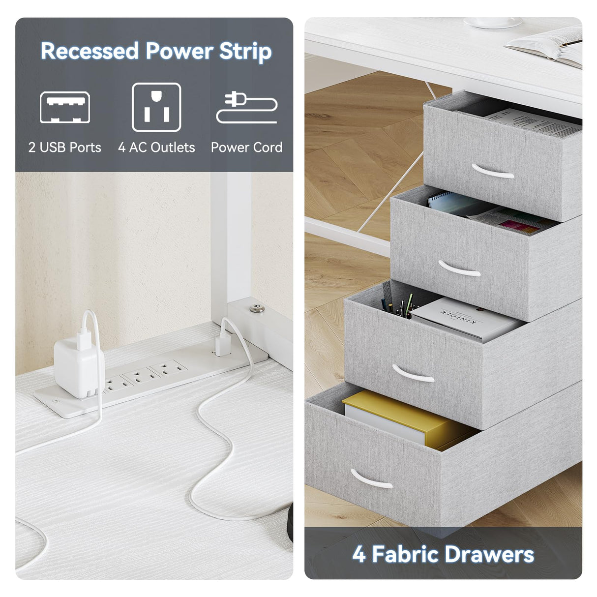 Tioutbot U Shaped Computer Desk with Drawers, 78.7" Reversible Home Office Desk with Monitor Stand and LED Lights, Bedroom Game Table with Hutch, Storage Shelves and Power Outlets, 4 Drawers - White Tioutbot