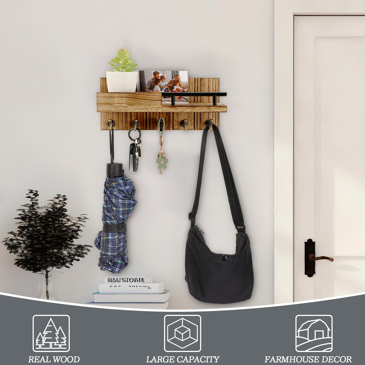 CypherX Key Holder Wall Mount, Decorative Key and Mail Holder for Wall w/Shelf, Farmhouse Wood Keys Organizer for Entryway Hallway Doorway- Home Wall Key Rack CypherX