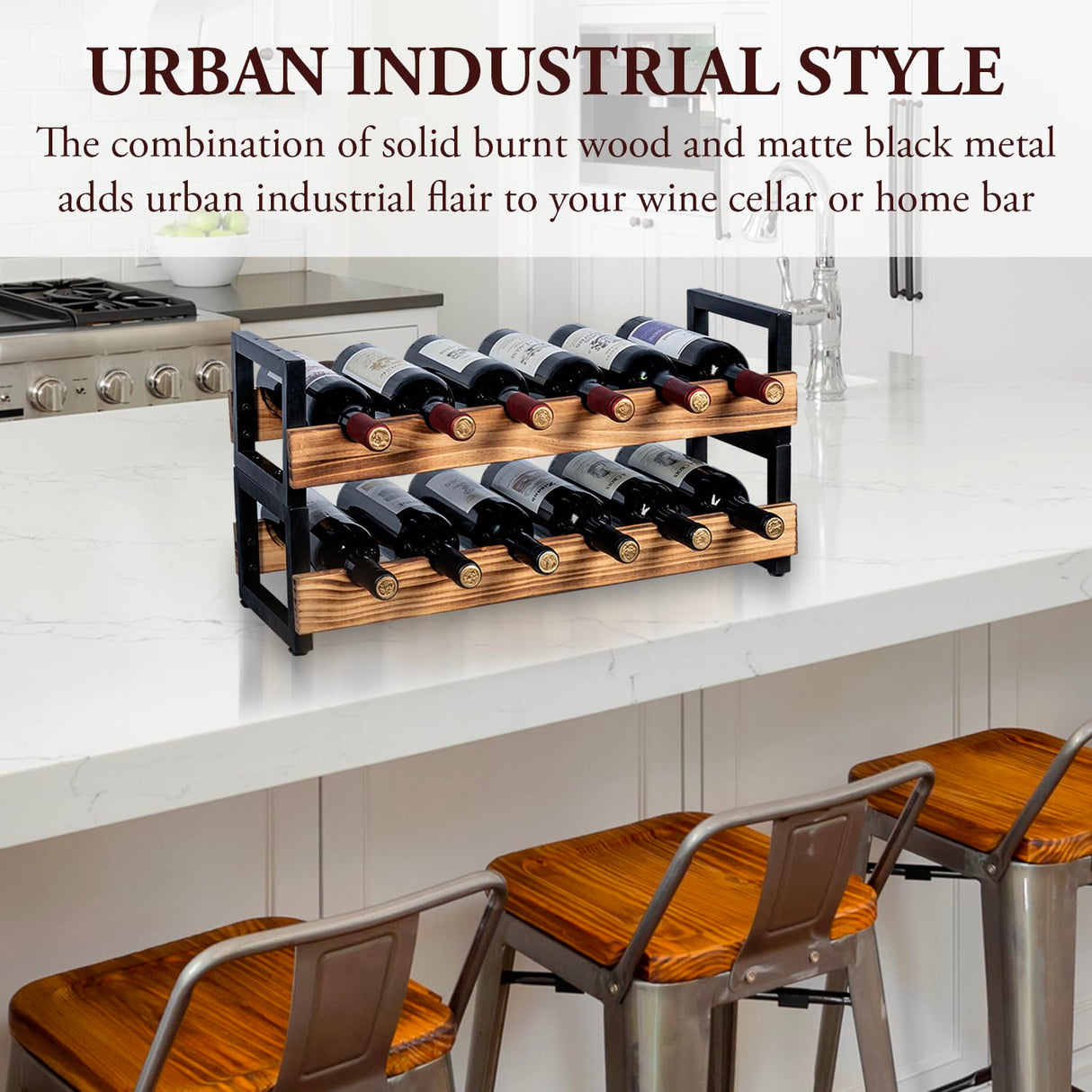 MyGift 6-Tier Freestanding Wine Bottle Rack with Burnt Solid Wood Shelf and Industrial Matte Black Metal Frame, Large Horizontal Wine Bar Storage Stand for 36 Bottles MyGift