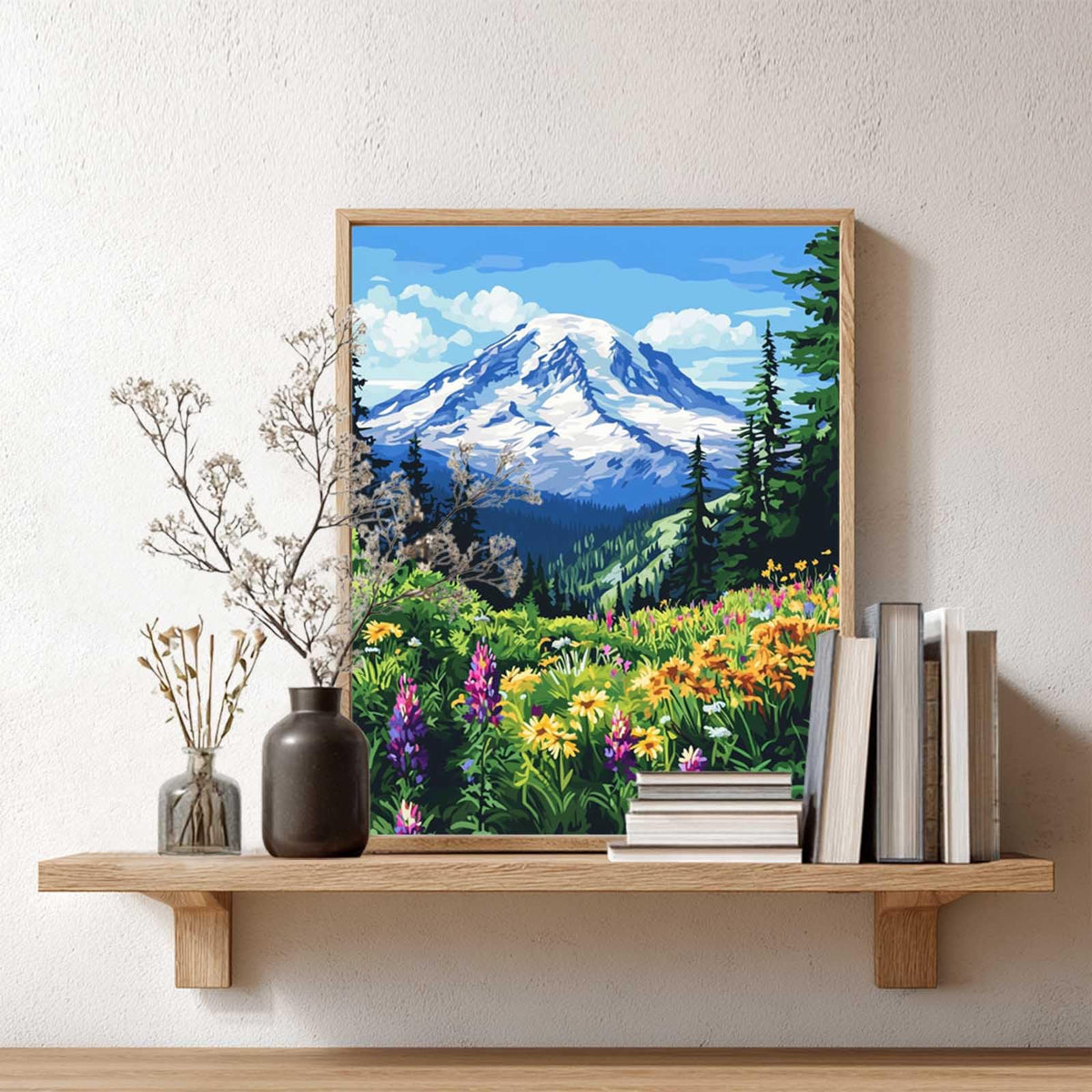 Mount Rainier Mountains Paint by Numbers, Paint by Numbers for Adults, National Park Paint by Number Kits, Scenery Gift Home Wall Decor - Snow Mountain Trees Flowers Landscape(16x20inch) Artbrush Tower