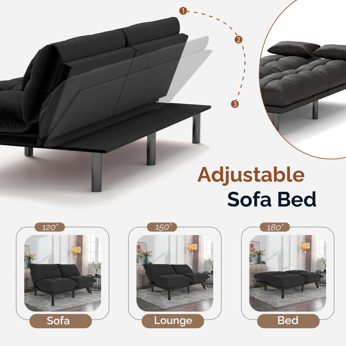 Futon Sofa Bed Convertible Solid Wood Couch Water-Resistant Fabric with 2 Cushions for Living Room Sofa Bed (Light Black) homeokay