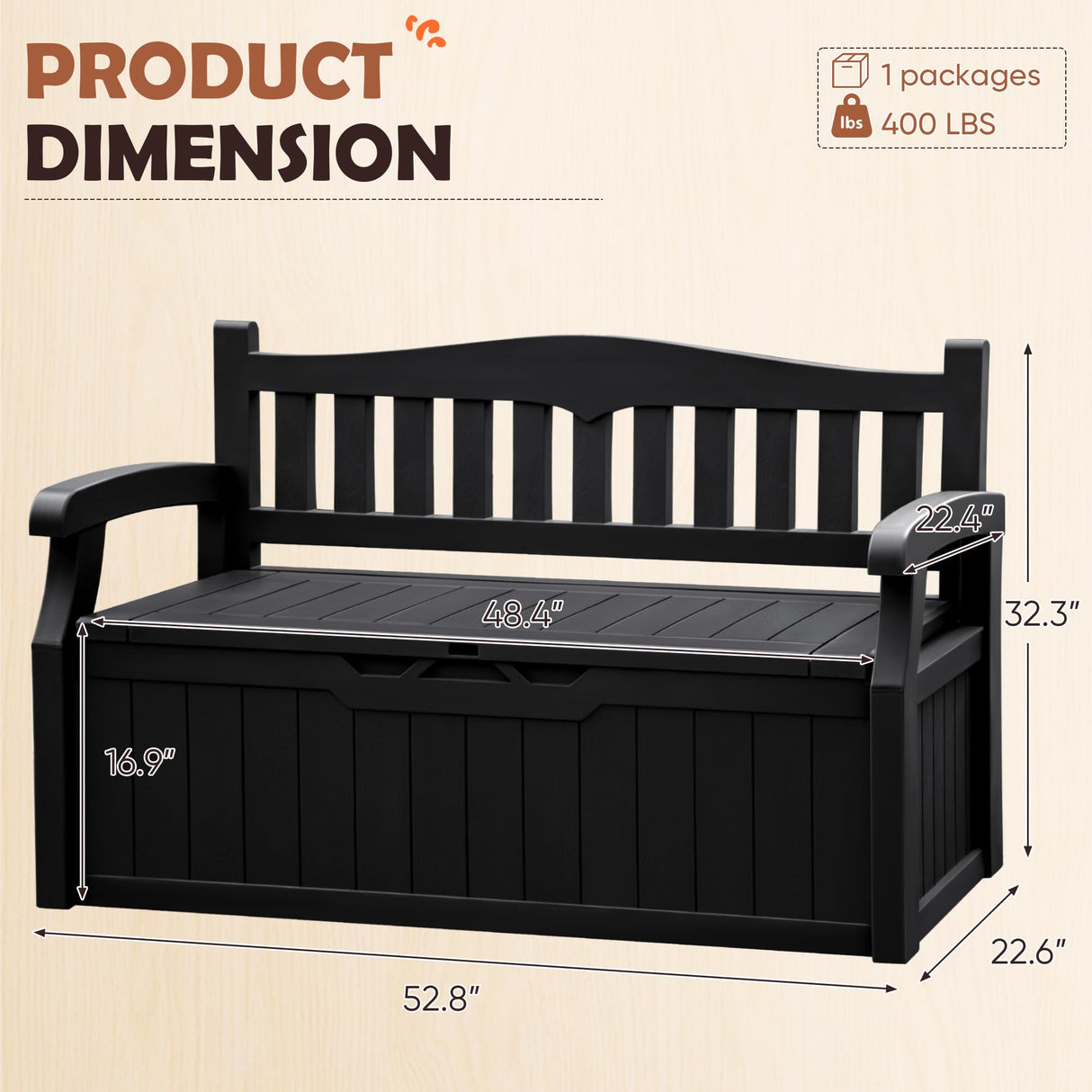 JUMMICO 80 Gallon Resin Outdoor Storage Bench, Large Deck Box with Armrest, Lockable & Waterproof for Garden, Home, Patio, Pools (Black) JUMMICO