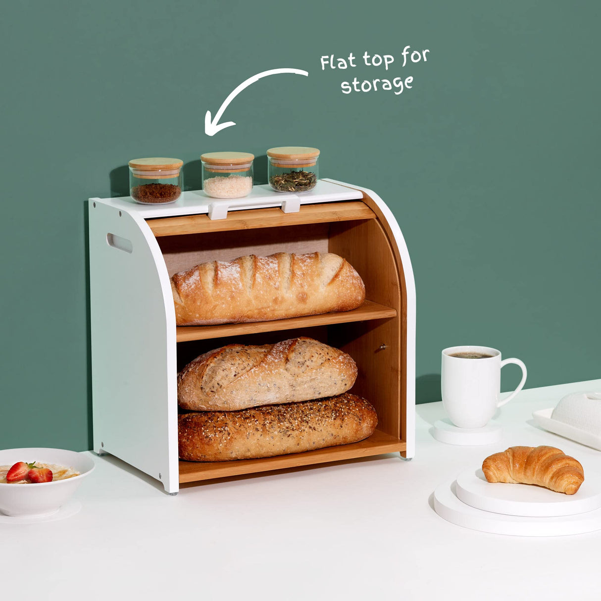 HOMEFULLY Bamboo Double Layer Bread Box for Kitchen Countertop, Roll Top Bread Box Wood, Extra Large Bread Box for Kitchen Storage, Modern Bread Bin Wooden (White) Homefully Co