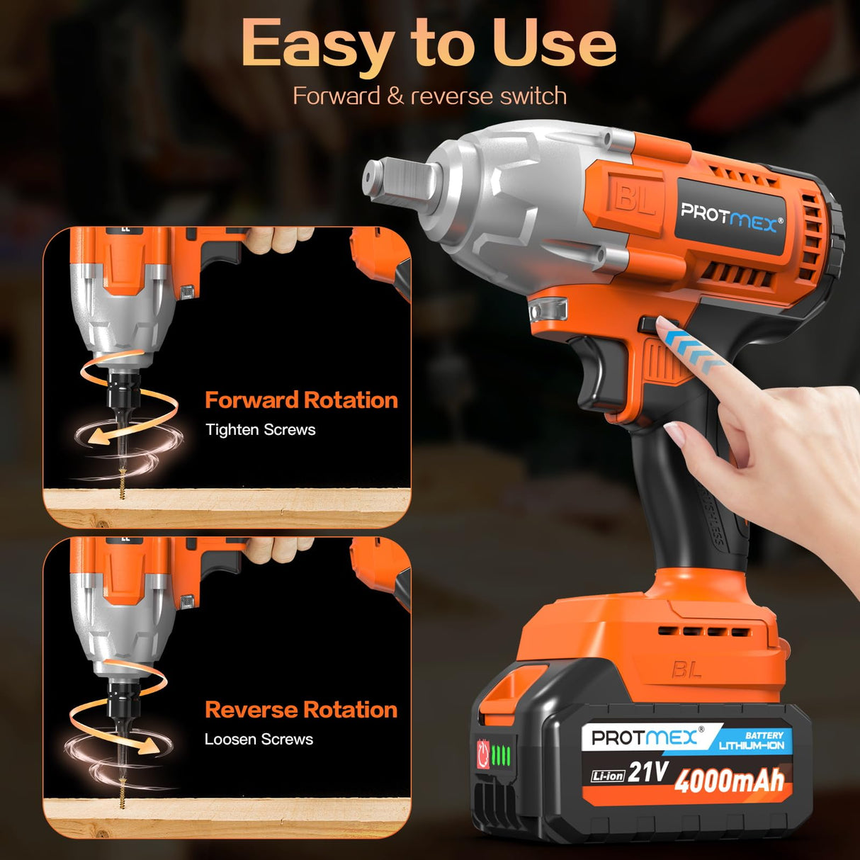 Cordless Impact Wrench, 665Ft-Ibs (900N.m) 1/2" Electric Impact Wrench, 21V Power Impact Drill with 2x 4.0Ah Battery, 6 Sockets, 8 Drill, 6 Screws, Impact Gun Variable Speeds for Car/Truck/Mower Protmex