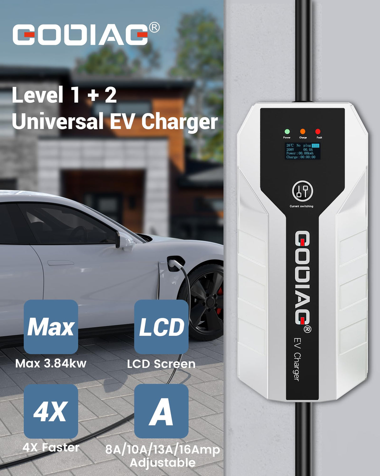 GODIAG Level 1+2 EV Charger - ETL Certified (Adjust 16A,110V-240V) with 20ft Cable, Portable EV Charger with NEMA 6-20 & NEMA 5-15 Plug for J1772 EVs and PHEVs GODIAG