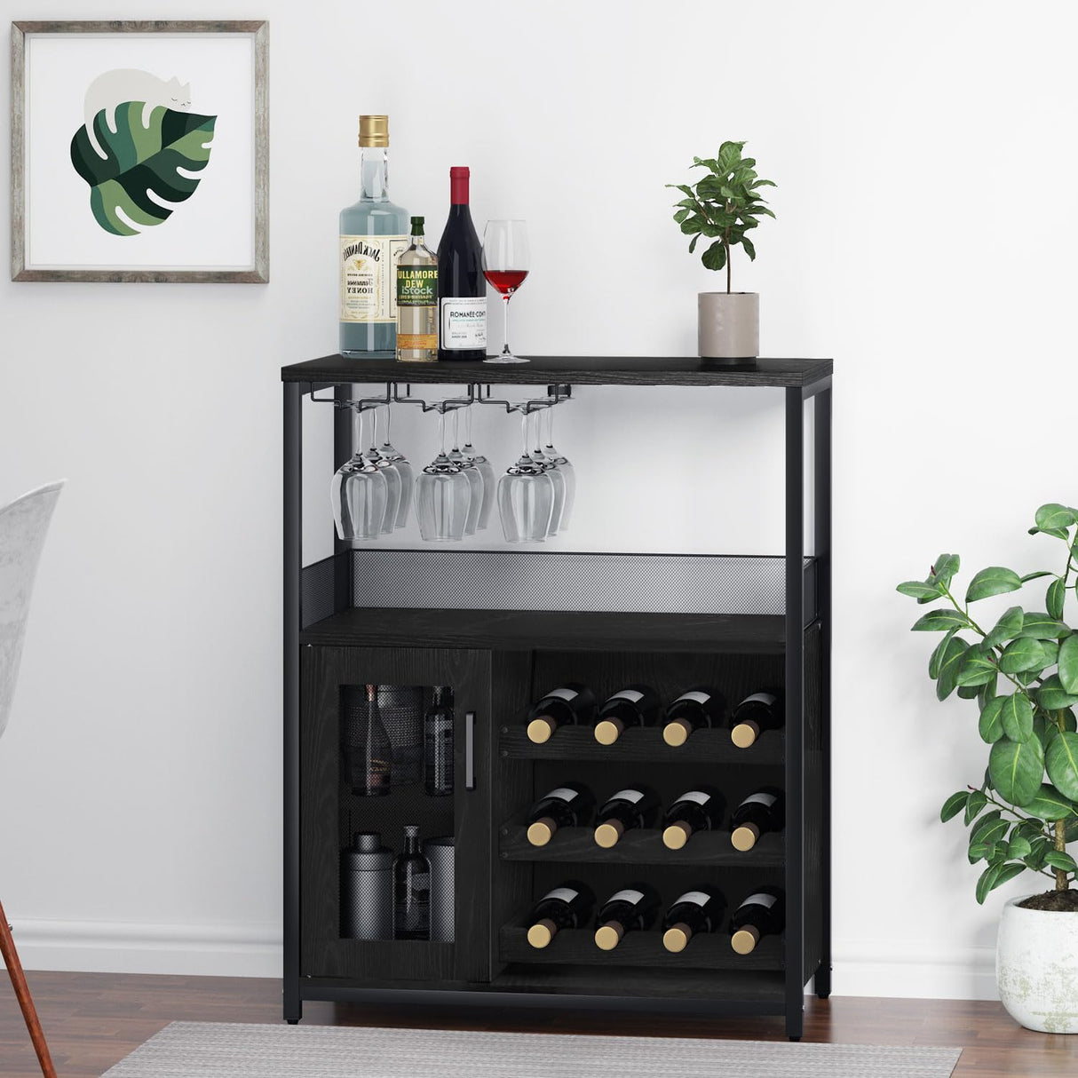 GAOMON Coffee Wine Bar Cabinet with Storage and Detachable Rack, Farmhouse Sideboard and Buffet Cabinet with Glass Holder and Mesh Door, Liquor Coffee Bar Cupboard, Black GAOMON