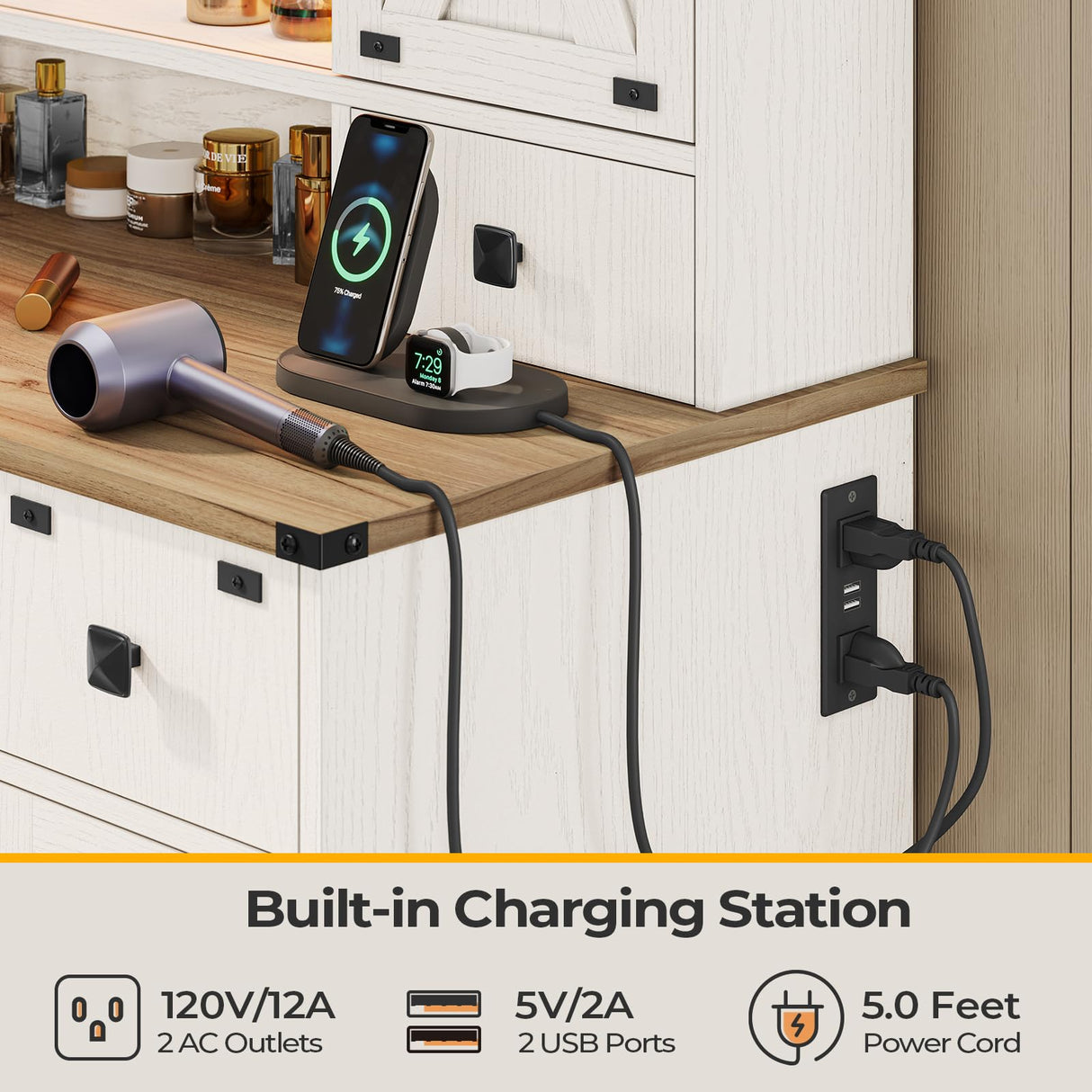 Hasuit Farmhouse Vanity Desk with Mirror and Adjustable Lights in White Hasuit