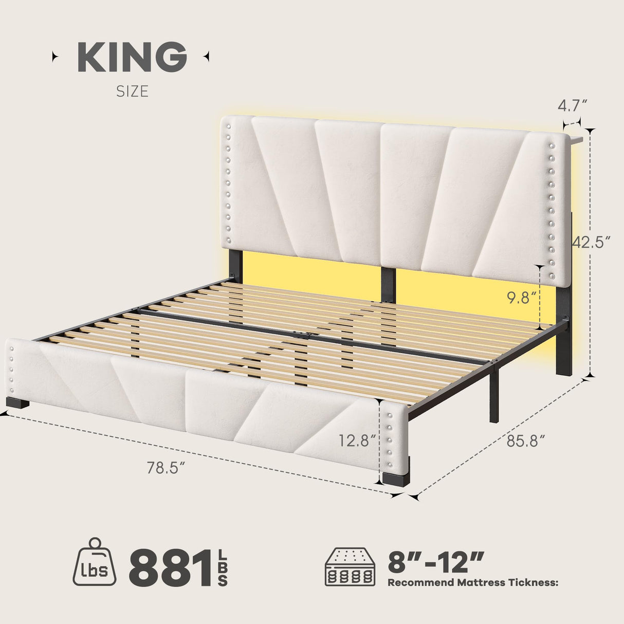 EnHomee King Size Bed Frame, Velvet Bed Frame with Headboard and Led Light, Platform Bed Frame for Bedroom Apartment, Dorm, Noise-Free, Easy Assembly, Beige EnHomee