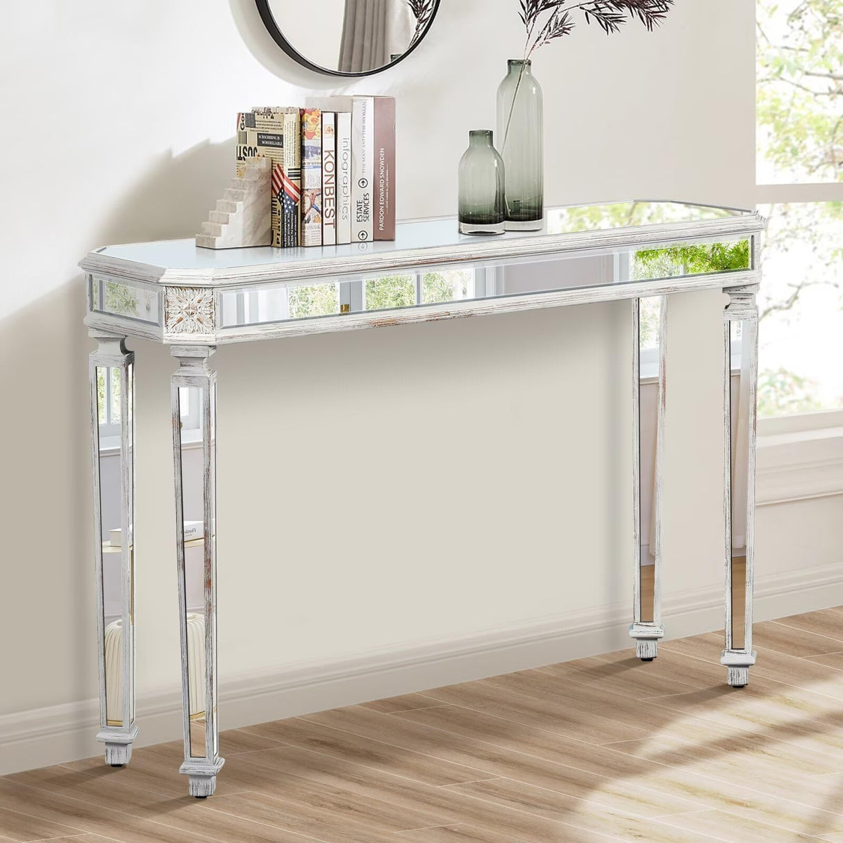 48-Inch Mirrored Console Table,Modern Entryway Table Glass Sofa Table with Mirror Finish, Rectangle Narrow,Accent Foyer Table for Living Room,Hallway, Entrance (Silver) JIJIWANG